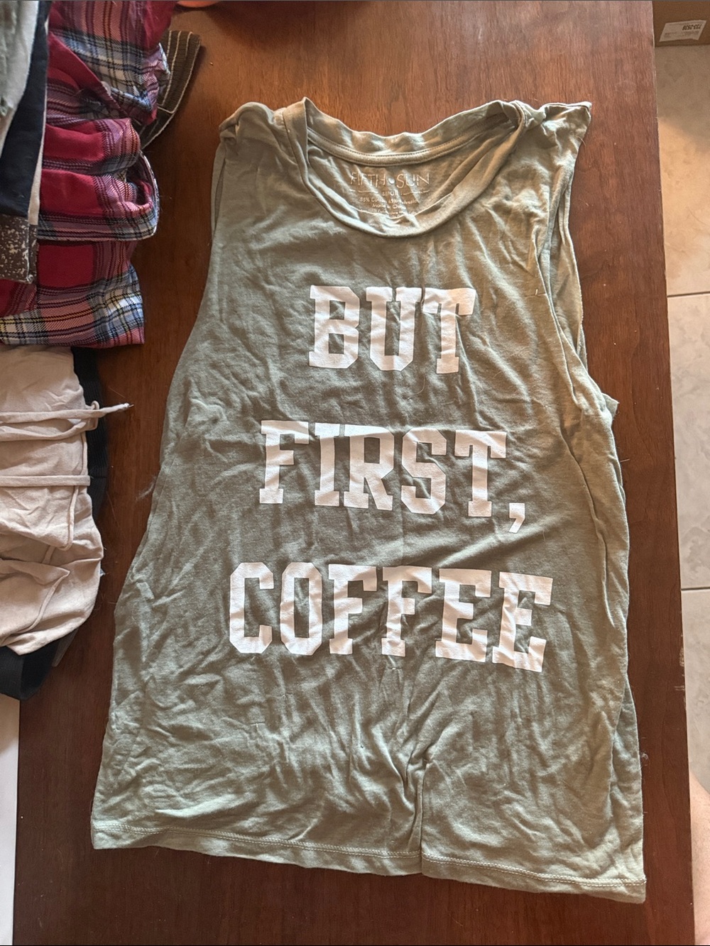 Women’s Olive Green Graphic Muscle Tank - 'But First, Coffee'